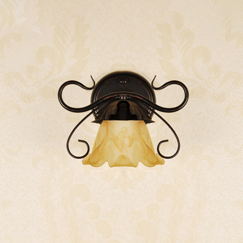 Single Floral Mini Wall Sconce Pastoral Tan Glass Wall Mount Light Fixture with Scroll Arm in Red Brown Clearhalo 'Wall Lamps & Sconces' 'Wall Lights' Lighting' 785795