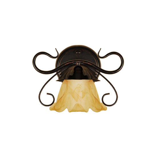 Single Floral Mini Wall Sconce Pastoral Tan Glass Wall Mount Light Fixture with Scroll Arm in Red Brown Clearhalo 'Wall Lamps & Sconces' 'Wall Lights' Lighting' 785796