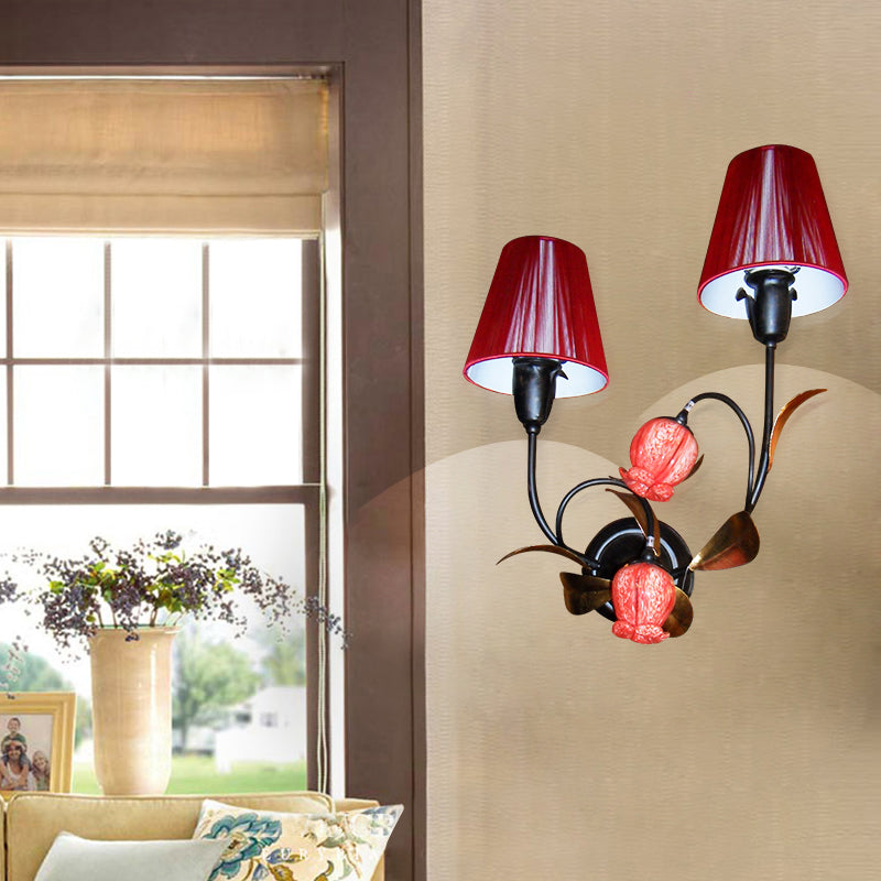 Red Cone Wall Mounted Lamp Korean Flower Pleated Fabric 4-Head Lounge Sconce with Flowerbud Shade Red Clearhalo 'Wall Lamps & Sconces' 'Wall Lights' Lighting' 785798