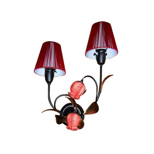 Red Cone Wall Mounted Lamp Korean Flower Pleated Fabric 4-Head Lounge Sconce with Flowerbud Shade Clearhalo 'Wall Lamps & Sconces' 'Wall Lights' Lighting' 785799