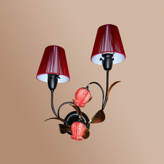 Red Cone Wall Mounted Lamp Korean Flower Pleated Fabric 4-Head Lounge Sconce with Flowerbud Shade Clearhalo 'Wall Lamps & Sconces' 'Wall Lights' Lighting' 785800