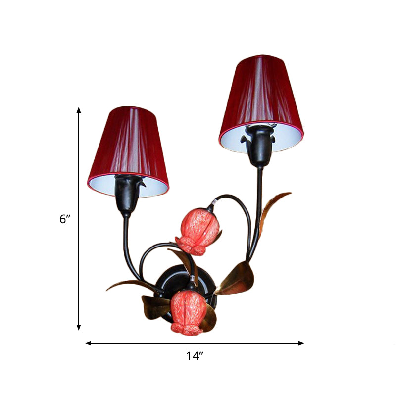 Red Cone Wall Mounted Lamp Korean Flower Pleated Fabric 4-Head Lounge Sconce with Flowerbud Shade Clearhalo 'Wall Lamps & Sconces' 'Wall Lights' Lighting' 785801