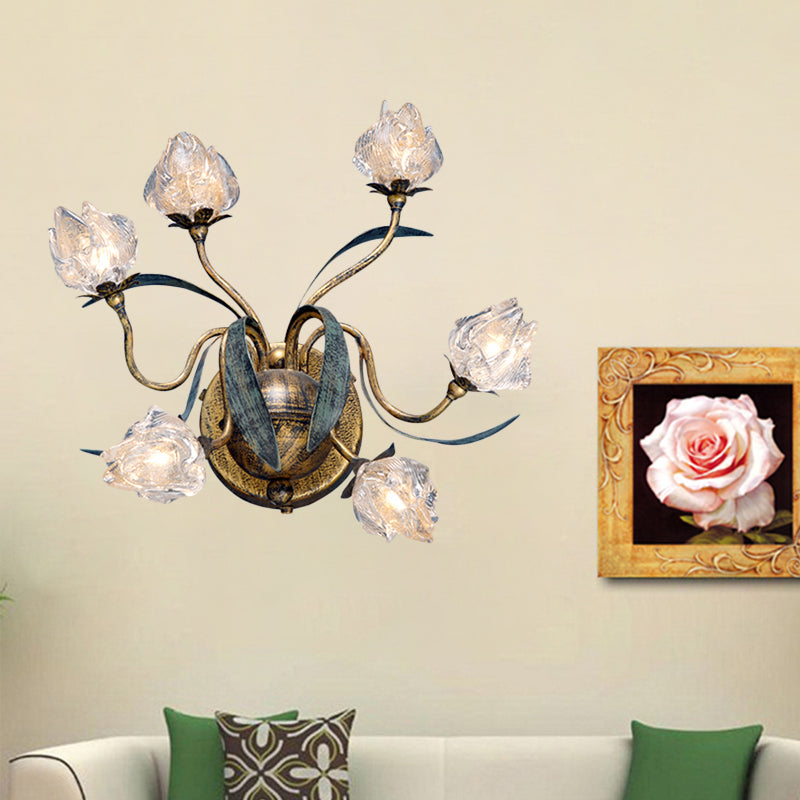 Countryside Flower Bud Wall Lighting 6 Lights Clear Glass Sconce Light in Antiqued Gold Gold Clearhalo 'Wall Lamps & Sconces' 'Wall Lights' Lighting' 785802