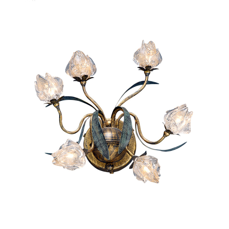 Countryside Flower Bud Wall Lighting 6 Lights Clear Glass Sconce Light in Antiqued Gold Clearhalo 'Wall Lamps & Sconces' 'Wall Lights' Lighting' 785803