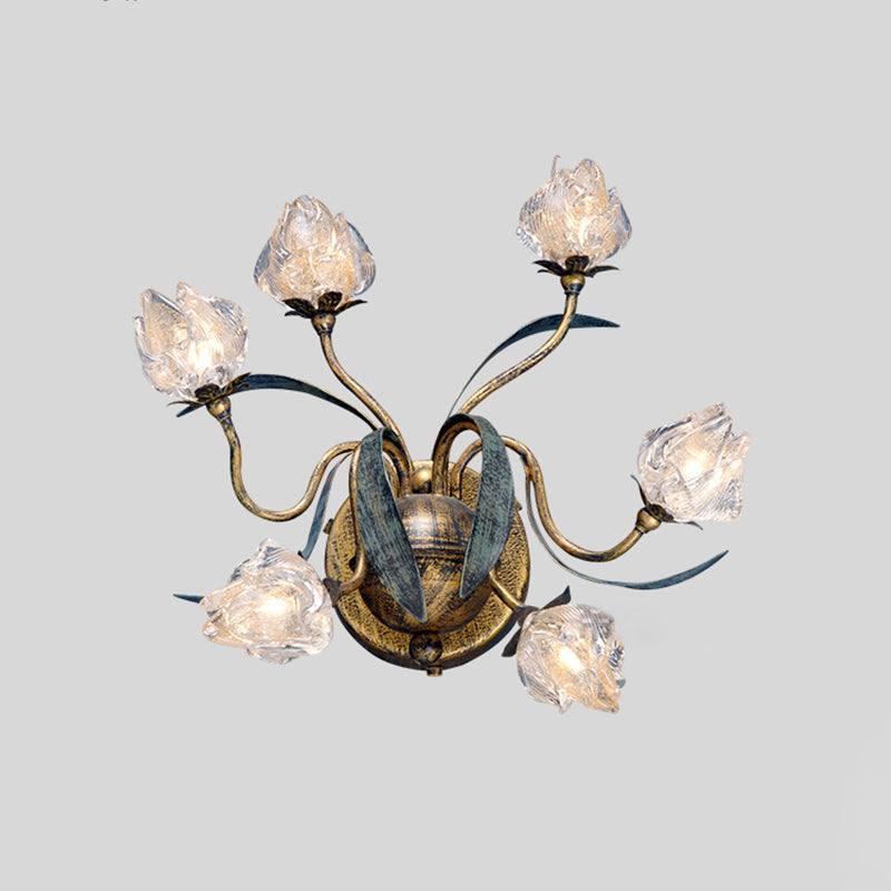 Countryside Flower Bud Wall Lighting 6 Lights Clear Glass Sconce Light in Antiqued Gold Clearhalo 'Wall Lamps & Sconces' 'Wall Lights' Lighting' 785804