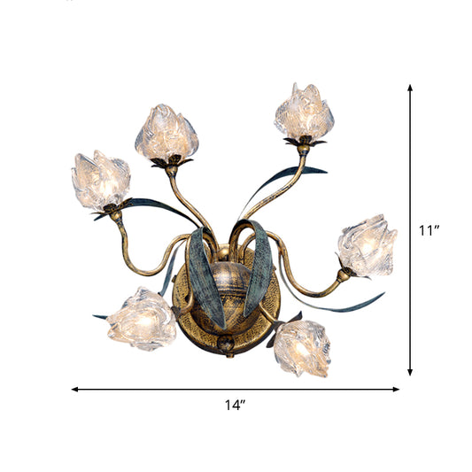 Countryside Flower Bud Wall Lighting 6 Lights Clear Glass Sconce Light in Antiqued Gold Clearhalo 'Wall Lamps & Sconces' 'Wall Lights' Lighting' 785805