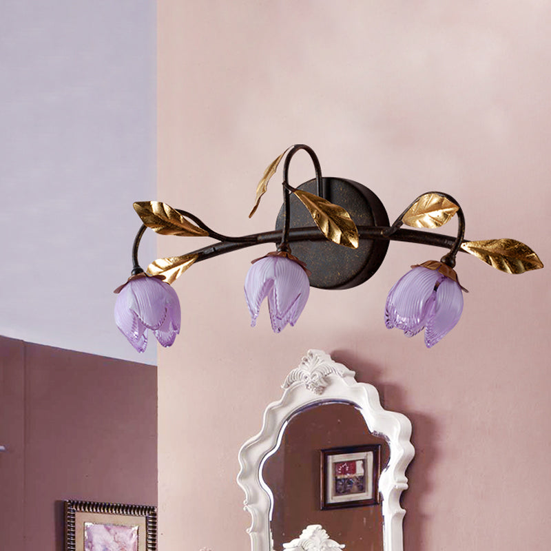 Purple Glass Flowerbud Sconce Lighting American Garden 3 Heads Bedroom Wall Light Fixture Purple Clearhalo 'Vanity Lights' 'Wall Lights' Lighting' 785806