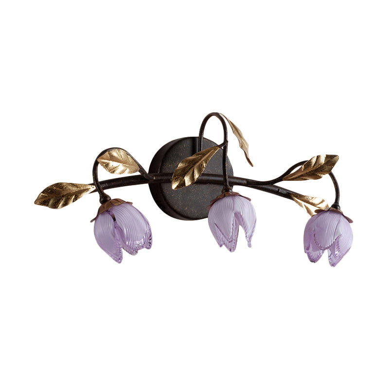 Purple Glass Flowerbud Sconce Lighting American Garden 3 Heads Bedroom Wall Light Fixture Clearhalo 'Vanity Lights' 'Wall Lights' Lighting' 785807