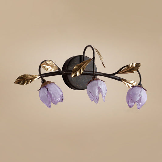 Purple Glass Flowerbud Sconce Lighting American Garden 3 Heads Bedroom Wall Light Fixture Clearhalo 'Vanity Lights' 'Wall Lights' Lighting' 785808