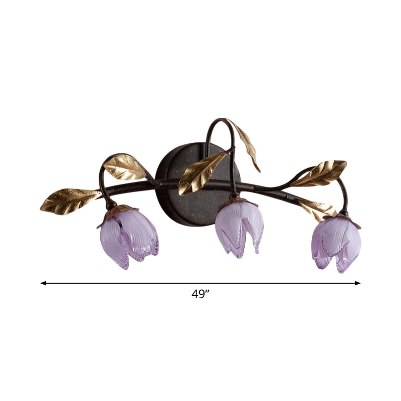 Purple Glass Flowerbud Sconce Lighting American Garden 3 Heads Bedroom Wall Light Fixture Clearhalo 'Vanity Lights' 'Wall Lights' Lighting' 785809