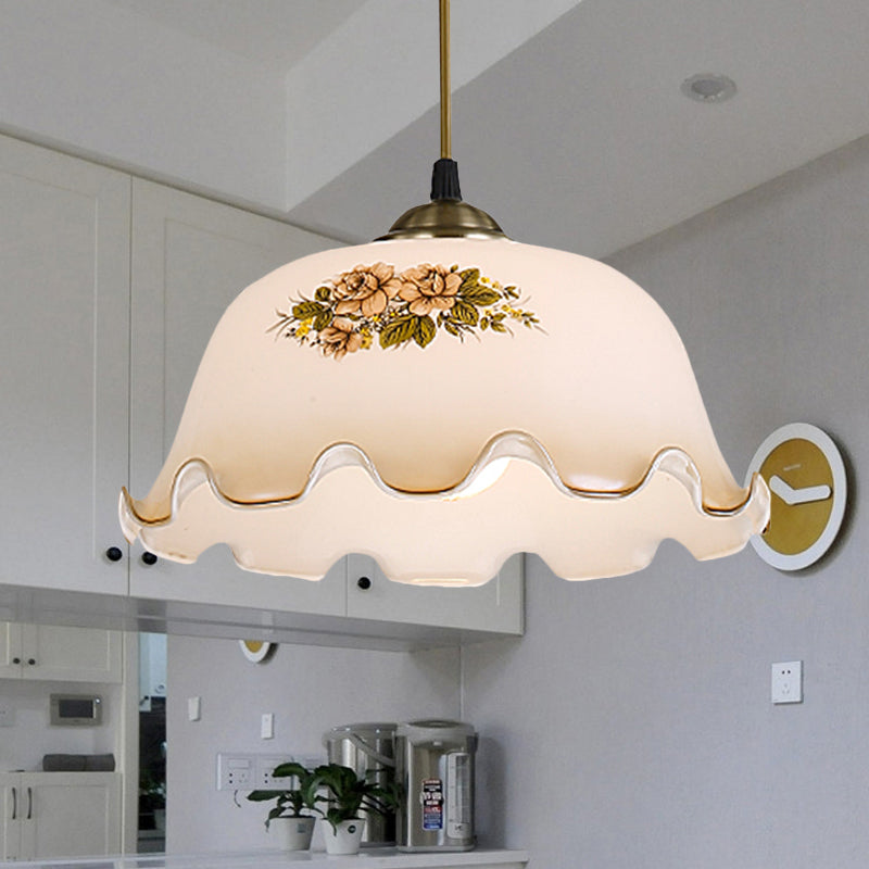1-Light Scalloped Bowl Drop Pendant Pastoral White Printed Glass Hanging Ceiling Light Clearhalo 'Ceiling Lights' 'Glass shade' 'Glass' 'Pendant Lights' 'Pendants' Lighting' 785815