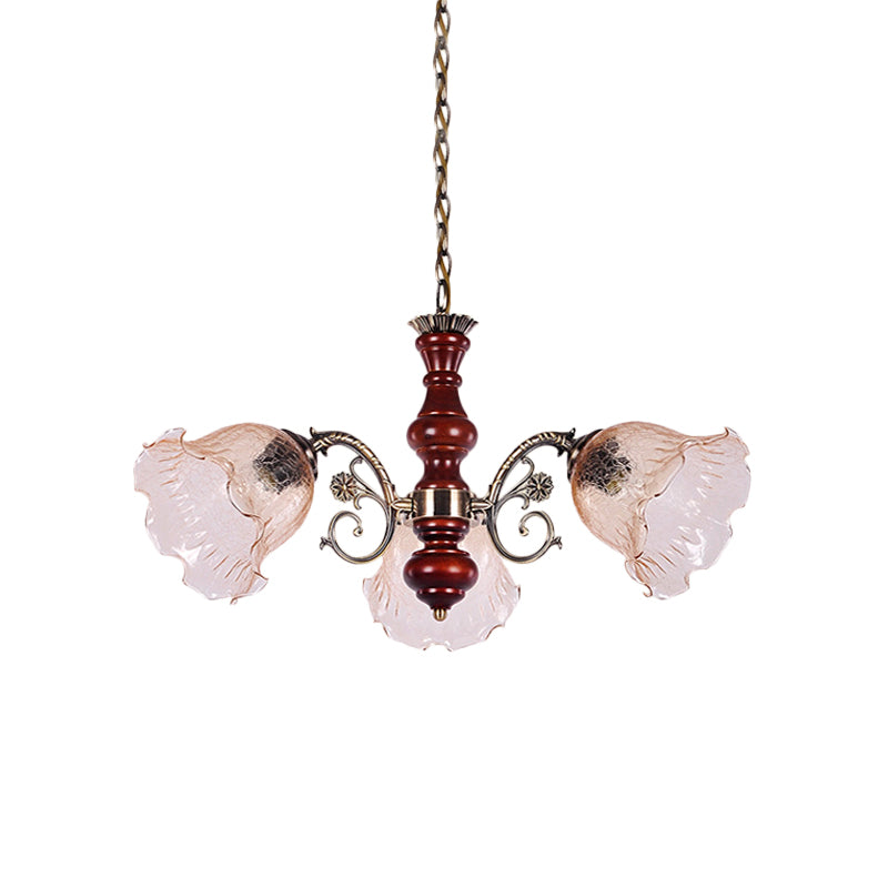 3 Heads Chandelier Light Fixture Pastoral Style Ruffled Clear Glass Hanging Pendant in Red Brown Clearhalo 'Ceiling Lights' 'Chandeliers' Lighting' options 785819