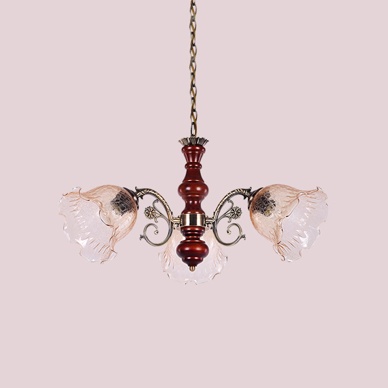 3 Heads Chandelier Light Fixture Pastoral Style Ruffled Clear Glass Hanging Pendant in Red Brown Clearhalo 'Ceiling Lights' 'Chandeliers' Lighting' options 785820