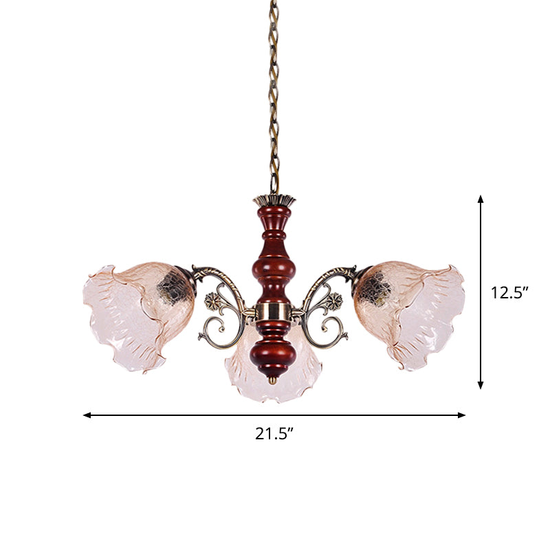 3 Heads Chandelier Light Fixture Pastoral Style Ruffled Clear Glass Hanging Pendant in Red Brown Clearhalo 'Ceiling Lights' 'Chandeliers' Lighting' options 785821