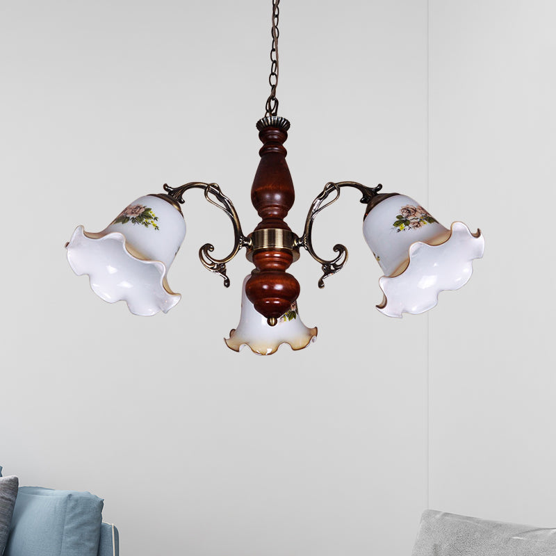 3 Bulbs White Patterned Glass Chandelier Countryside Red Brown Bellflower Parlor Ceiling Pendant Light Clearhalo 'Ceiling Lights' 'Chandeliers' Lighting' options 785822