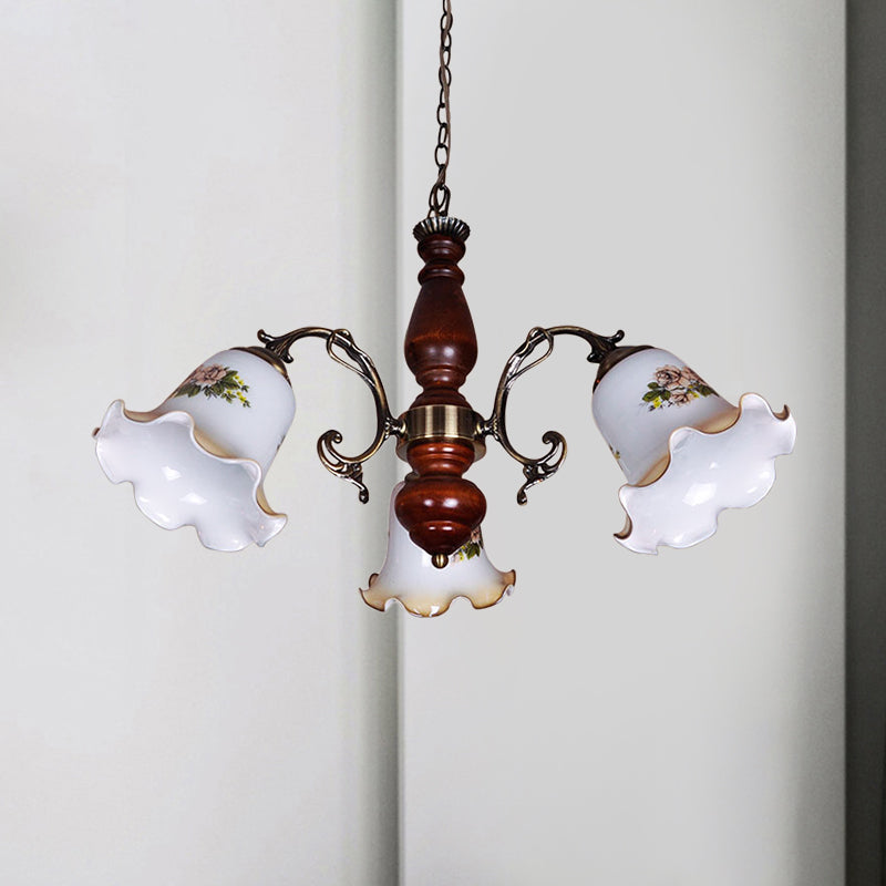 3 Bulbs White Patterned Glass Chandelier Countryside Red Brown Bellflower Parlor Ceiling Pendant Light Clearhalo 'Ceiling Lights' 'Chandeliers' Lighting' options 785823