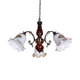 3 Bulbs White Patterned Glass Chandelier Countryside Red Brown Bellflower Parlor Ceiling Pendant Light Clearhalo 'Ceiling Lights' 'Chandeliers' Lighting' options 785824