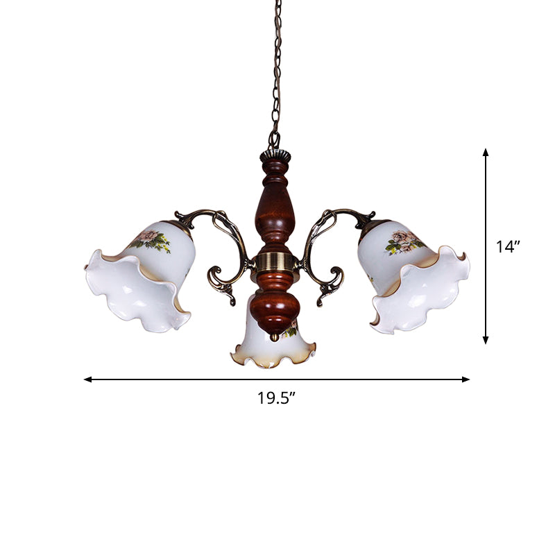 3 Bulbs White Patterned Glass Chandelier Countryside Red Brown Bellflower Parlor Ceiling Pendant Light Clearhalo 'Ceiling Lights' 'Chandeliers' Lighting' options 785825