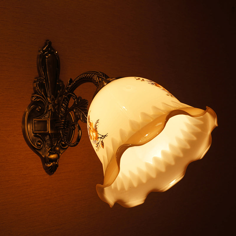 Hand Blown Opal Glass Bell Sconce Korean Flower 1 Head Bedside Wall Mounted Lighting with Ruffle Edge in Bronze Clearhalo 'Wall Lamps & Sconces' 'Wall Lights' Lighting' 785828