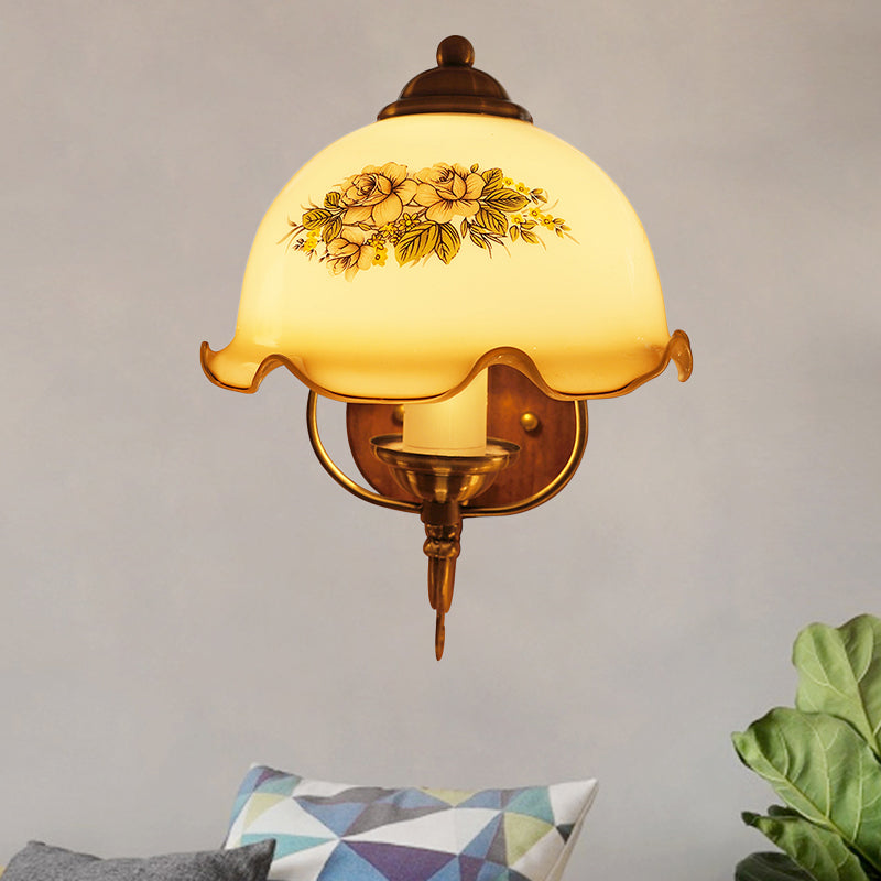 Ruffle-Trim Dome Tan Glass Wall Lamp Pastoral Single Bulb Studio Sconce Light in Wood Tan Clearhalo 'Wall Lamps & Sconces' 'Wall Lights' Lighting' 785830