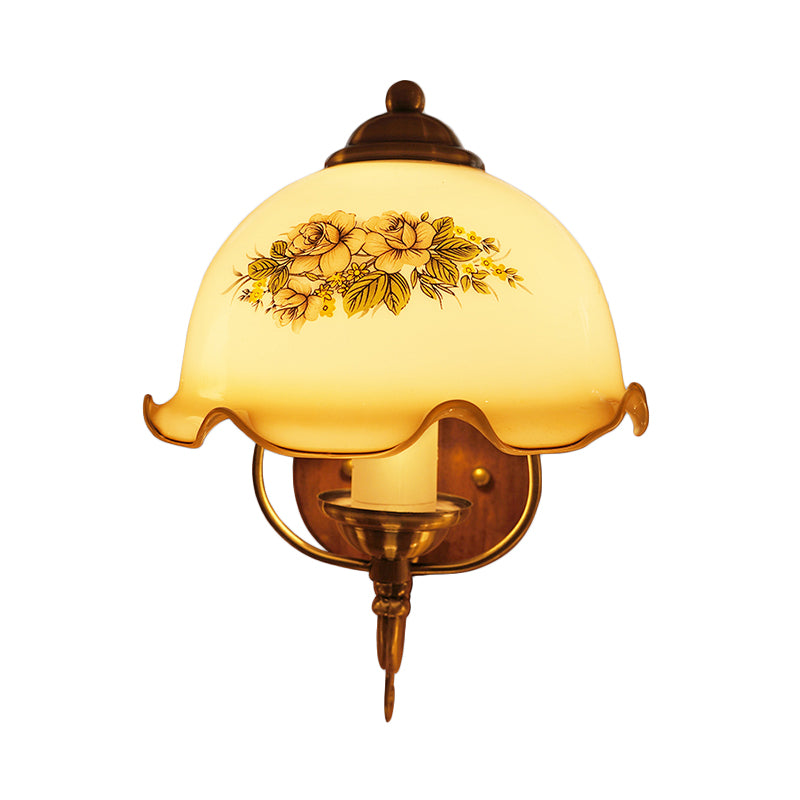 Ruffle-Trim Dome Tan Glass Wall Lamp Pastoral Single Bulb Studio Sconce Light in Wood Clearhalo 'Wall Lamps & Sconces' 'Wall Lights' Lighting' 785831