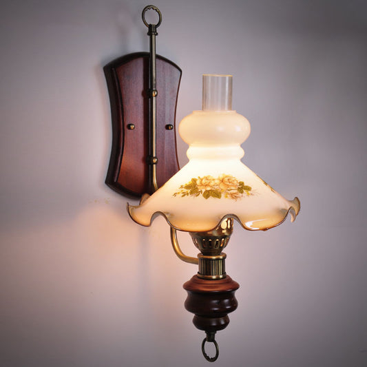 Red Brown 1 Bulb Wall Lighting Countryside White Glass Ruffle Saucer Sconce Light with Inner Kerosene Lamp Shade Clearhalo 'Wall Lamps & Sconces' 'Wall Lights' Lighting' 785836