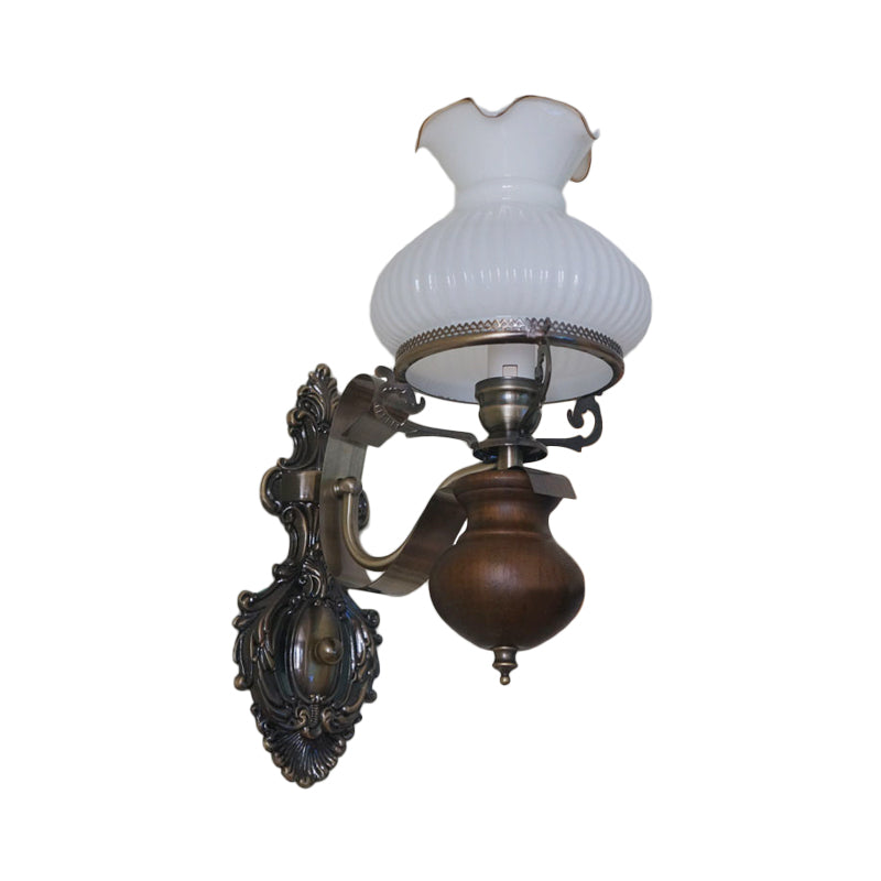 Pastoral Handmade Jug Wall Sconce 1/2-Head Opaline Ribbed Glass Wall Mount Light Fixture in Bronze Clearhalo 'Wall Lamps & Sconces' 'Wall Lights' Lighting' 785843