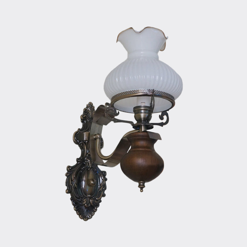 Pastoral Handmade Jug Wall Sconce 1/2-Head Opaline Ribbed Glass Wall Mount Light Fixture in Bronze Clearhalo 'Wall Lamps & Sconces' 'Wall Lights' Lighting' 785844