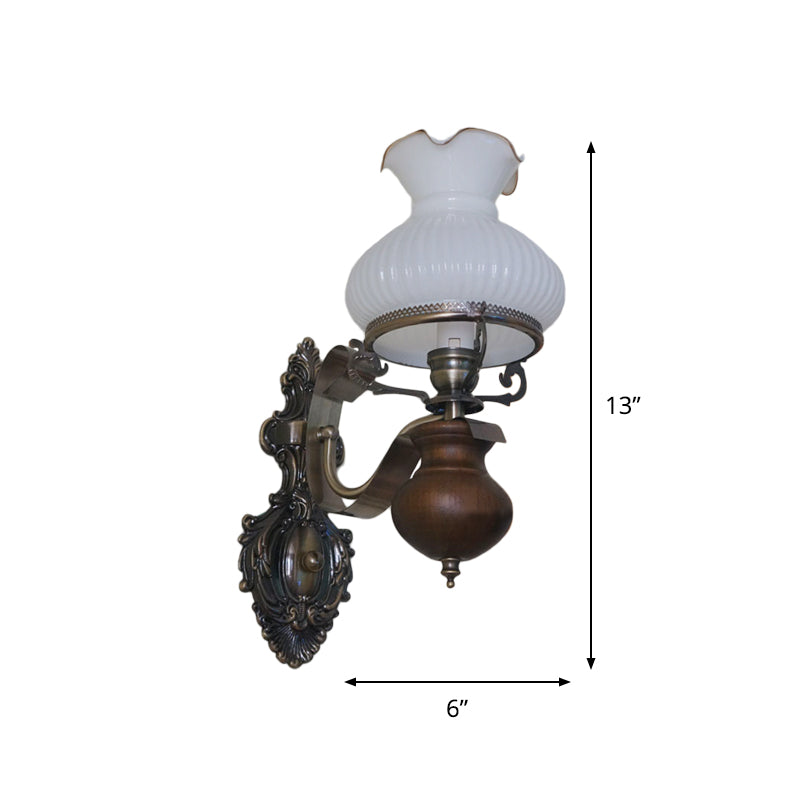 Pastoral Handmade Jug Wall Sconce 1/2-Head Opaline Ribbed Glass Wall Mount Light Fixture in Bronze Clearhalo 'Wall Lamps & Sconces' 'Wall Lights' Lighting' 785845