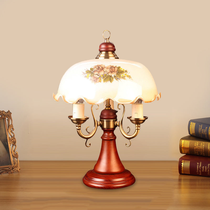 Candlestick Wooden Table Lamp American Flower 2 Bulbs Bedroom Night Stand Light in Red Brown with Wide Bowl Glass Shade Clearhalo 'Lamps' 'Table Lamps' Lighting' 785876