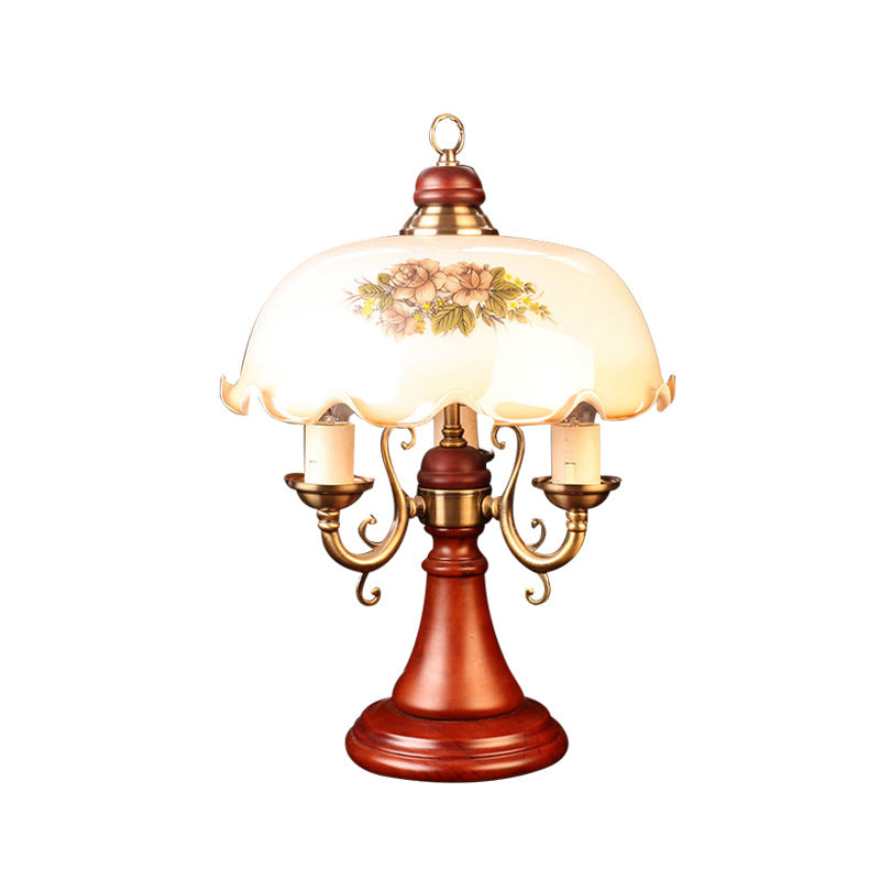 Candlestick Wooden Table Lamp American Flower 2 Bulbs Bedroom Night Stand Light in Red Brown with Wide Bowl Glass Shade Clearhalo 'Lamps' 'Table Lamps' Lighting' 785877