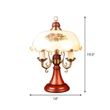 Candlestick Wooden Table Lamp American Flower 2 Bulbs Bedroom Night Stand Light in Red Brown with Wide Bowl Glass Shade Clearhalo 'Lamps' 'Table Lamps' Lighting' 785878