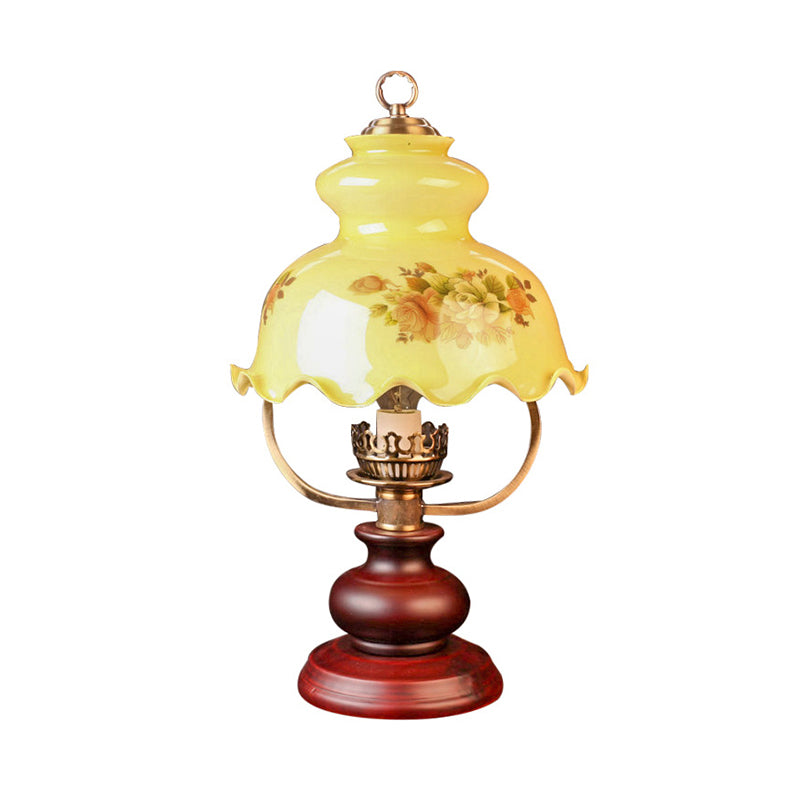 Pastoral Ruffle-Brim Gourd Night Lamp 1 Light Yellow Patterned Glass Table Lighting in Red Brown Clearhalo 'Lamps' 'Table Lamps' Lighting' 785880