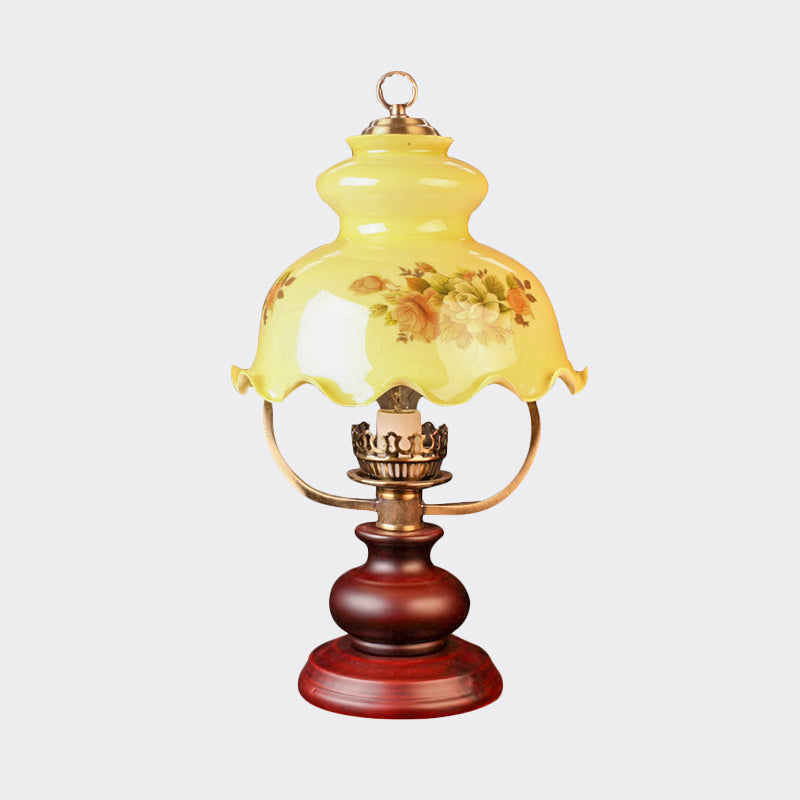 Pastoral Ruffle-Brim Gourd Night Lamp 1 Light Yellow Patterned Glass Table Lighting in Red Brown Clearhalo 'Lamps' 'Table Lamps' Lighting' 785881