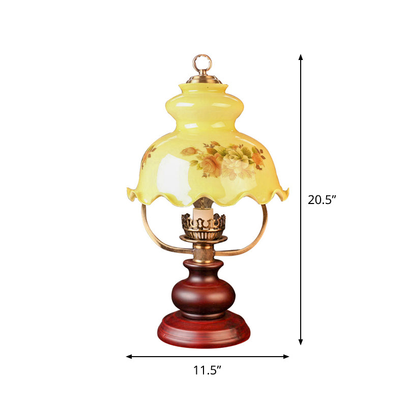 Pastoral Ruffle-Brim Gourd Night Lamp 1 Light Yellow Patterned Glass Table Lighting in Red Brown Clearhalo 'Lamps' 'Table Lamps' Lighting' 785882