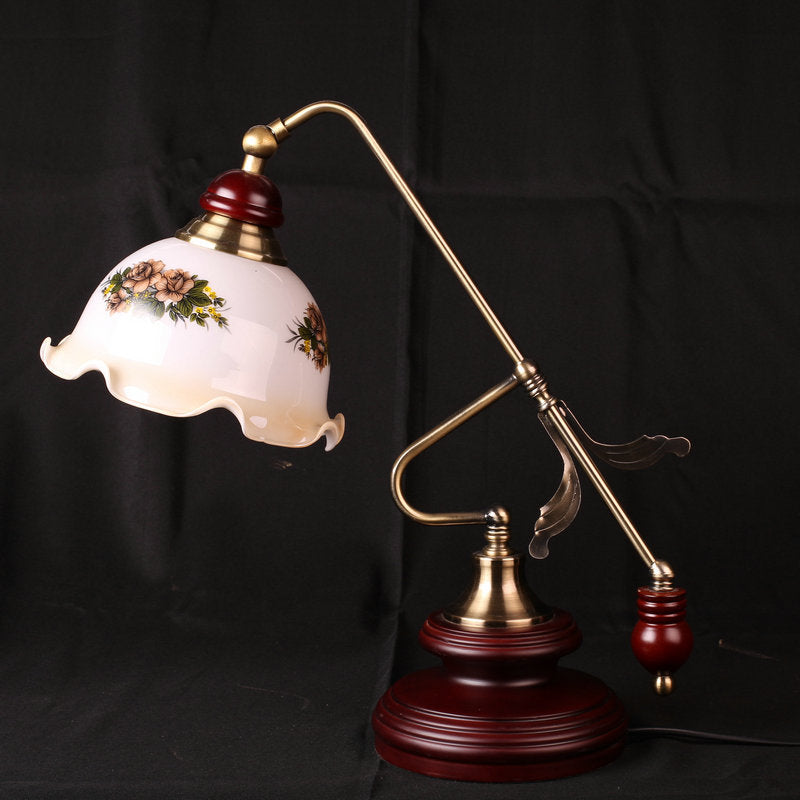Retro Ruffled Bowl Table Light 1 Head White Glass Night Lamp with Gold-Red Brown Lever Arm White Clearhalo 'Lamps' 'Table Lamps' Lighting' 785891