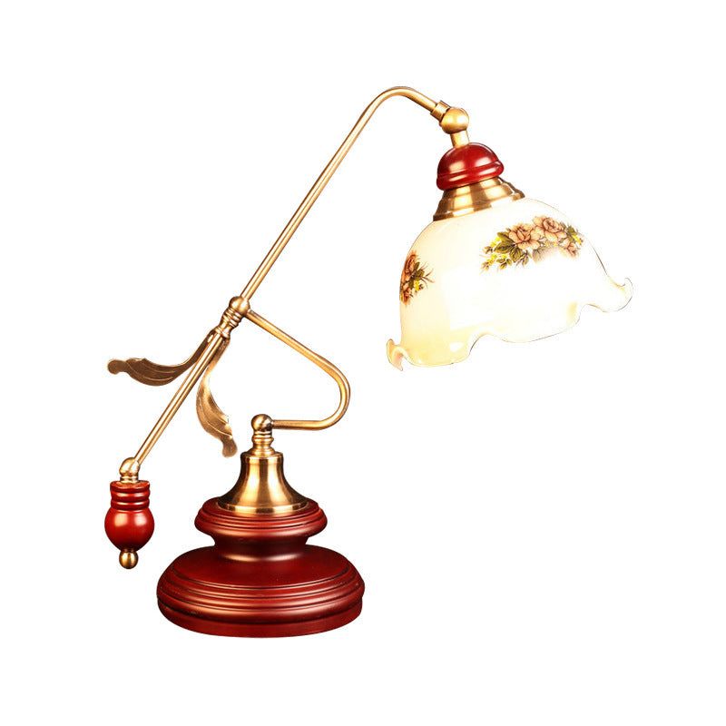 Retro Ruffled Bowl Table Light 1 Head White Glass Night Lamp with Gold-Red Brown Lever Arm Clearhalo 'Lamps' 'Table Lamps' Lighting' 785893