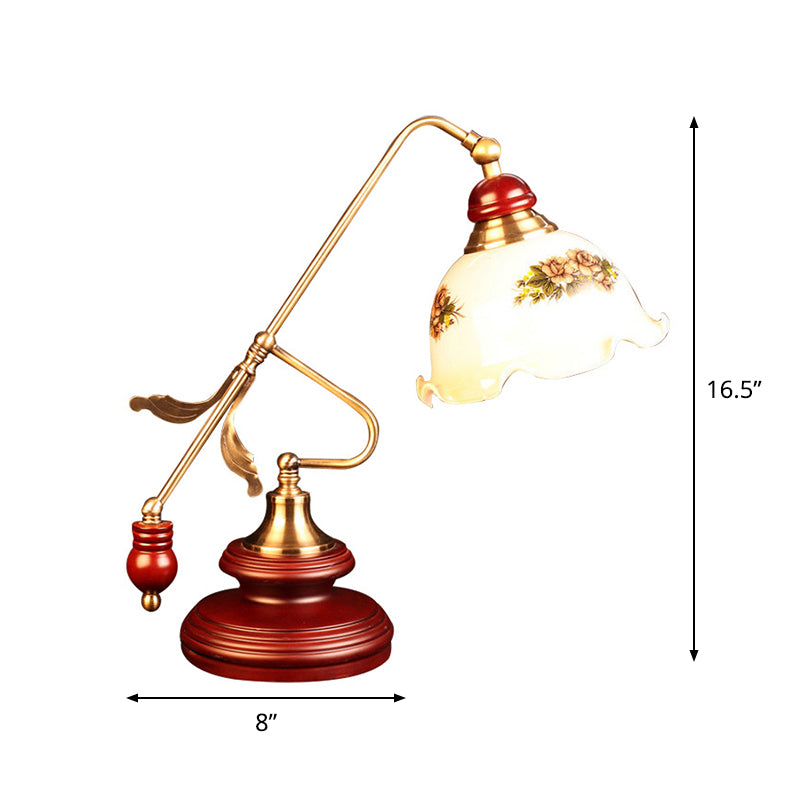 Retro Ruffled Bowl Table Light 1 Head White Glass Night Lamp with Gold-Red Brown Lever Arm Clearhalo 'Lamps' 'Table Lamps' Lighting' 785894