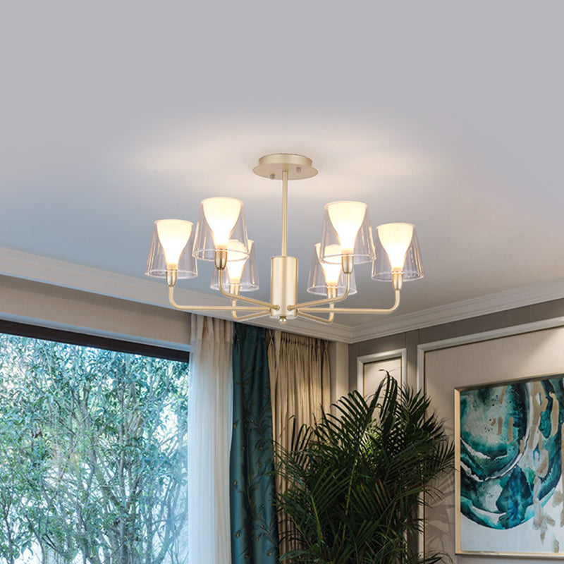 Tapered Shade Chandelier Contemporary Acrylic 6 Lights Dining Table Ceiling Pendant in Gold with Frosted Cone Insert Clearhalo 'Ceiling Lights' 'Chandeliers' 'Modern Chandeliers' 'Modern' Lighting' 786024
