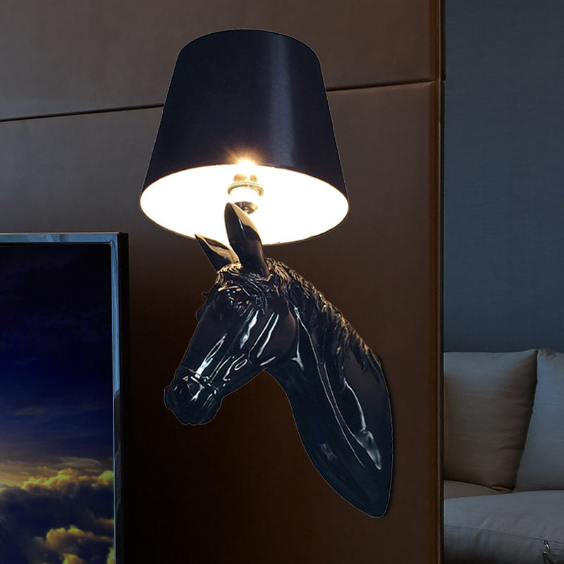 Resin Horse Head Wall Lighting Countryside 1 Head Passage Sconce Light with Conical Lampshade in Black/White Black Clearhalo 'Wall Lamps & Sconces' 'Wall Lights' Lighting' 786027