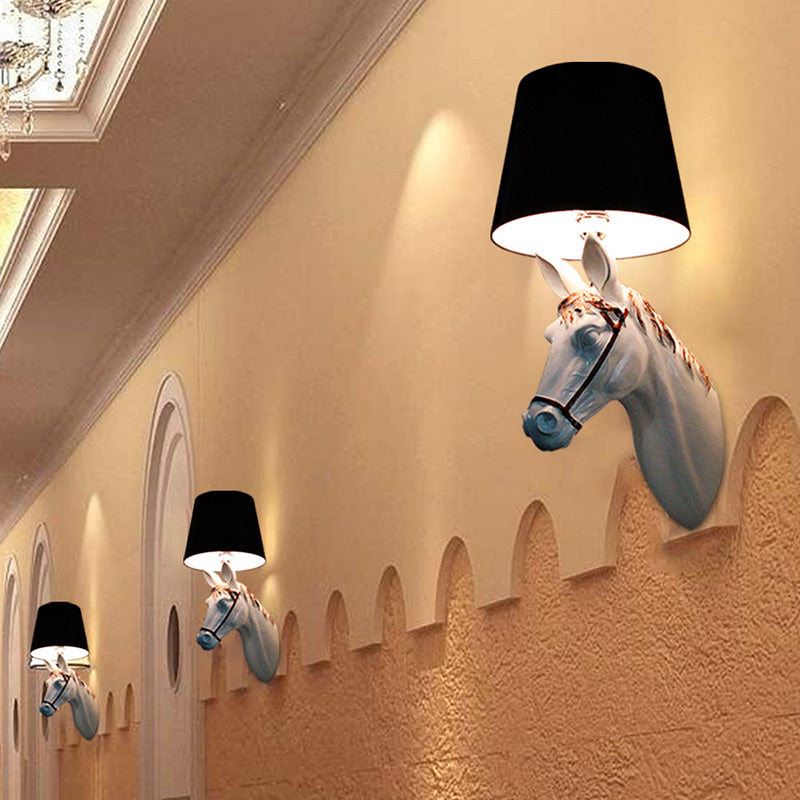 Resin Horse Head Wall Lighting Countryside 1 Head Passage Sconce Light with Conical Lampshade in Black/White White Clearhalo 'Wall Lamps & Sconces' 'Wall Lights' Lighting' 786031