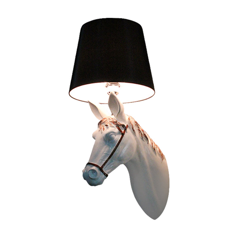 Resin Horse Head Wall Lighting Countryside 1 Head Passage Sconce Light with Conical Lampshade in Black/White Clearhalo 'Wall Lamps & Sconces' 'Wall Lights' Lighting' 786034