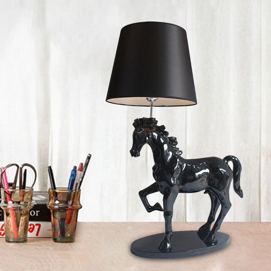 Black Steed Nightstand Light Retro Resin Single Bedside Table Lamp with Cone Fabric Shade Black Clearhalo 'Lamps' 'Table Lamps' Lighting' 786035