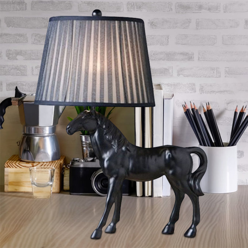 Steed Parlor Night Lamp Rustic Resin 1 Bulb Black Table Light with Gathered Fabric Lamp Shade Black Clearhalo 'Lamps' 'Table Lamps' Lighting' 786039