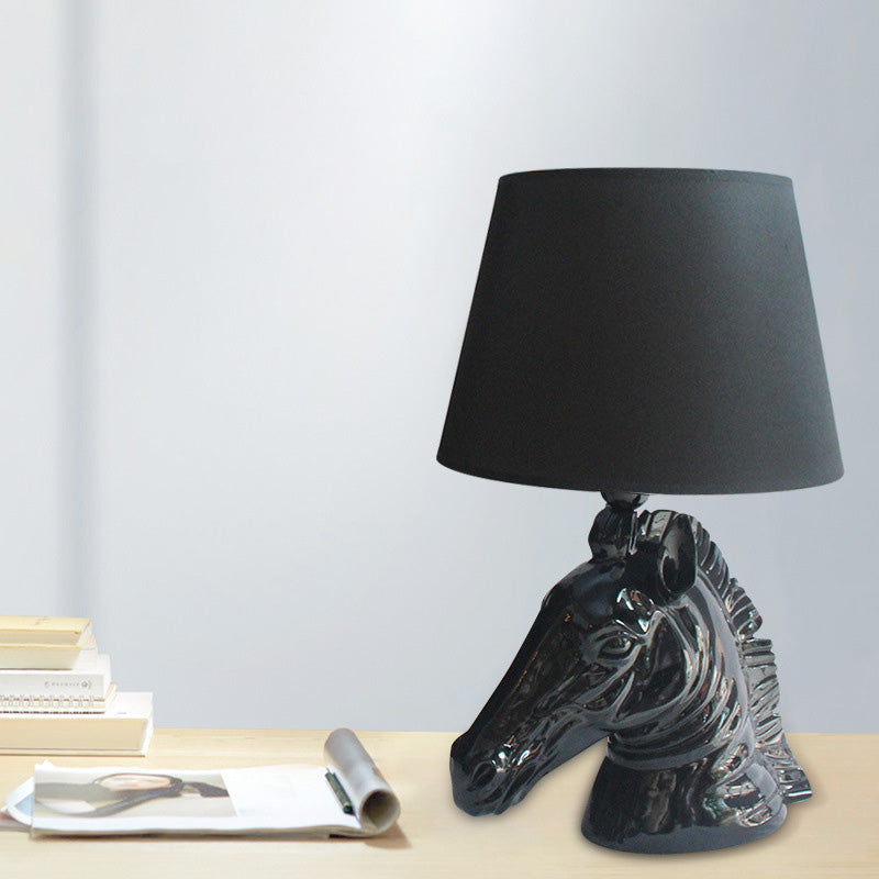 14"/18" Wide 1-Light Table Lamp Vintage Tapered Shade Fabric Night Light with Horse Head Base in Black Black Clearhalo 'Lamps' 'Table Lamps' Lighting' 786043