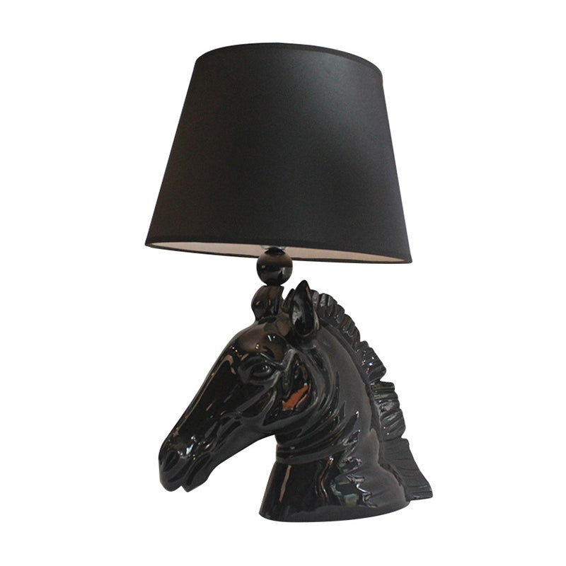 14"/18" Wide 1-Light Table Lamp Vintage Tapered Shade Fabric Night Light with Horse Head Base in Black Clearhalo 'Lamps' 'Table Lamps' Lighting' 786045