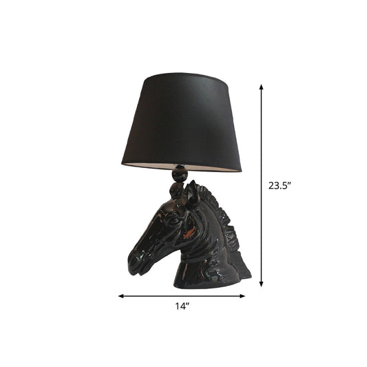 14"/18" Wide 1-Light Table Lamp Vintage Tapered Shade Fabric Night Light with Horse Head Base in Black Clearhalo 'Lamps' 'Table Lamps' Lighting' 786046