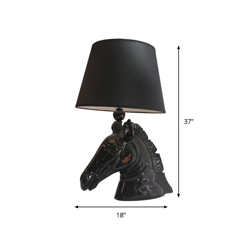 14"/18" Wide 1-Light Table Lamp Vintage Tapered Shade Fabric Night Light with Horse Head Base in Black Clearhalo 'Lamps' 'Table Lamps' Lighting' 786047