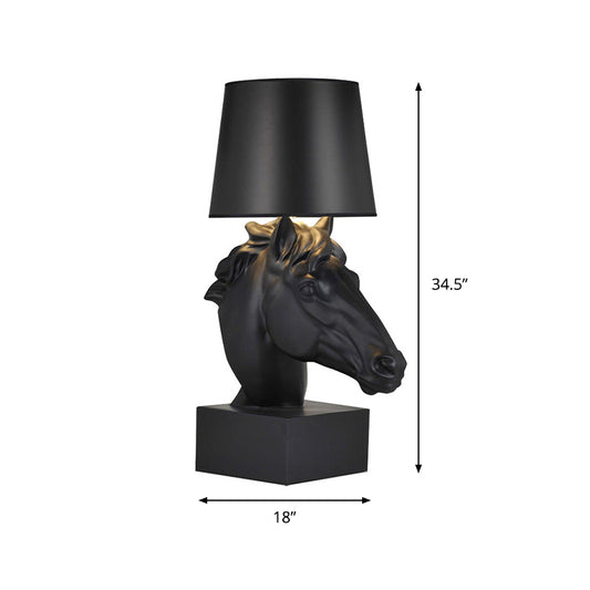 1 Bulb Fabric Table Lighting Country Style Black Tapering Parlor Night Lamp with Steed Head Base Clearhalo 'Lamps' 'Table Lamps' Lighting' 786051