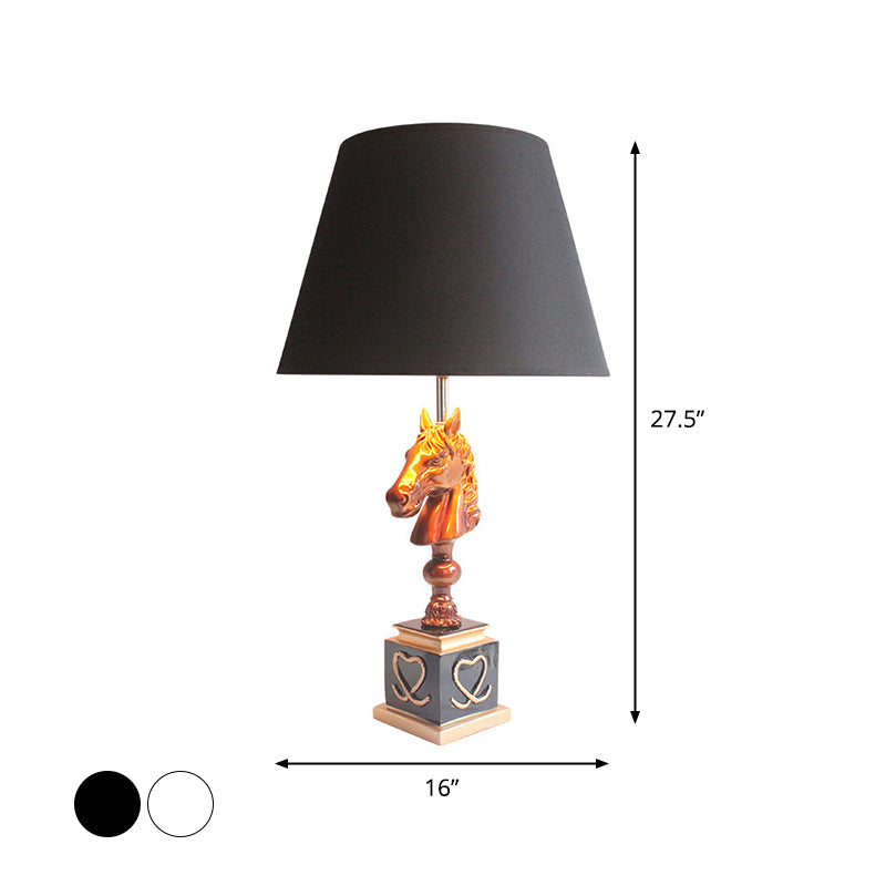 Conical Fabric Night Light Countryside Single Bedroom Table Lighting in Black/White with Horse Head Stand Clearhalo 'Lamps' 'Table Lamps' Lighting' 786055